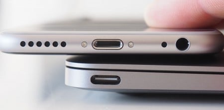 iPhone 6 on top with Lightning, Macbook on the bottom with USB Type C