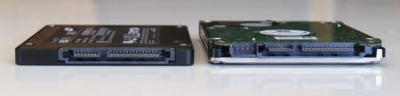 Solid-state drives like the one on the left offer the same connections as a hard drive, but have faster insides than their HDD siblings.