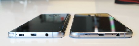 The backs of the new Galaxy phones: on the left is the Galaxy Note 5, on the right is the Galaxy Edge S6+.