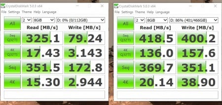 SanDisk Extreme 500 SSD on the left, Samsung T1 SSD on the right. Results from when the laptop was plugged into the wall.