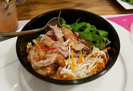 Ordering a BBQ duck salad has it arriving in a bowl and not looking half bad. Not your conventional food in a box, that's for sure.