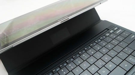 Connecting the keyboard to the tablet is handled through this neat magnetic mount, meaning the keyboard draws its power from the tablet. No Bluetooth!